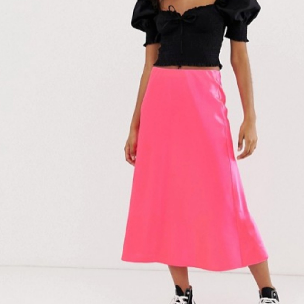 Neon Pink Satin Midi Skirt 0 NWT